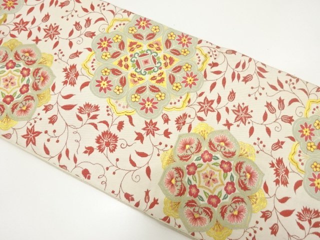 JAPANESE KIMONO / ANTIQUE FUKURO OBI / FLORAL ARABESQUE PATTERN WOVEN 